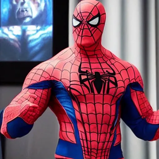 Image similar to dwayne johnson promo on ring wearing spiderman costumes