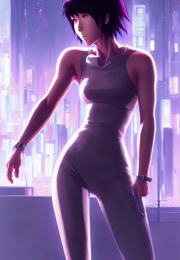 Image similar to a fullbody portrait of motoko kusanagi the major ghost in the shell : : stand alone complex, under repairs, maintenance : : by ilya kuvshinov, rossdraws, artgerm, sola digital arts, anti aliasing, raytracing : :