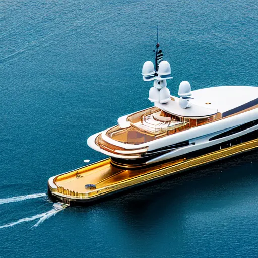 Prompt: gold plated mega yacht with two swimming pools and a helicopter landing pad, docked at harbor, clear and focused, elegant, photograph