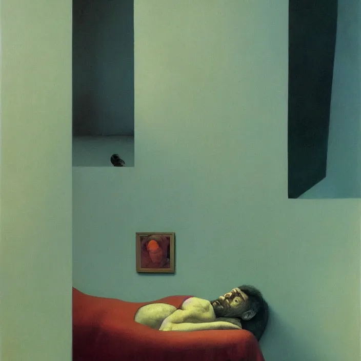 Prompt: portrait painting of a man waking up in the morning, science fiction, Edward Hopper and James Gilleard, Zdzislaw Beksinski, highly detailed