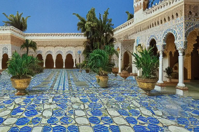 Prompt: beautiful moorish palace courtyard garden, by ludwig deutsch, patterned blue tilework, palm trees, tiled fountains, extremely detailed, dramatic lighting, smooth sharp focus