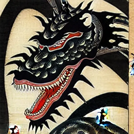 Image similar to biomechanical ukiyo - e woodblock of black dragon by utagawa kuniyoshi, very detailed, hyperrealistic