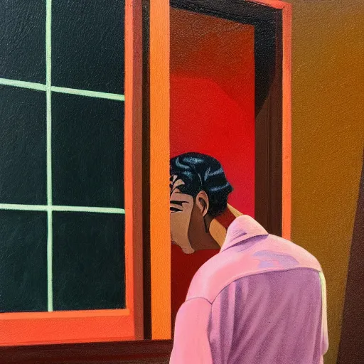 Prompt: a fine art painting from behind of man with black hair smoking a spliff at the glass door of a balcony at night, inspired by the styles of wes anderson, gorillaz and edward hopper, toned orange and pastel pink