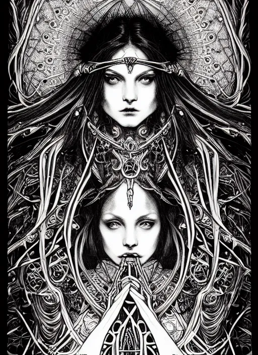 Image similar to beautiful priestess girl tarot card portrait, biomechanical, intricate artwork masterpiece, majestic, elden ring cinematic lighting, volumetric 8 k, by apollonia saintclair, josan gonzalez, gustave dore, edmund leighton, kilian eng, trending on cgsociety, 8 k