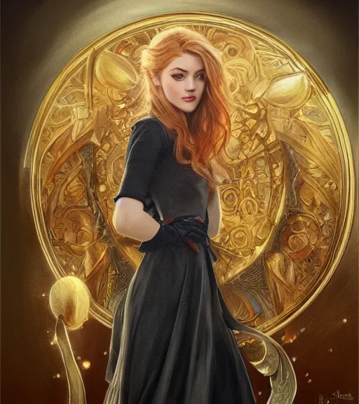 Image similar to katherine mcnamara wearing a golden dress, grey hair, red necktie, cinematic, stunning, highly detailed, digital painting, artstation, smooth, hard focus, full body shot, illustration, art by artgerm and greg rutkowski and alphonse mucha