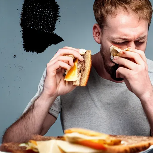 Image similar to man eating a messy sandwich and crying, food falling onto the table, sadness
