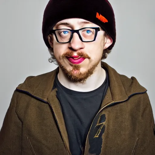 Image similar to professional head shot of sam hyde wearing a ushanka, very detailed, very intricate, detailed face,