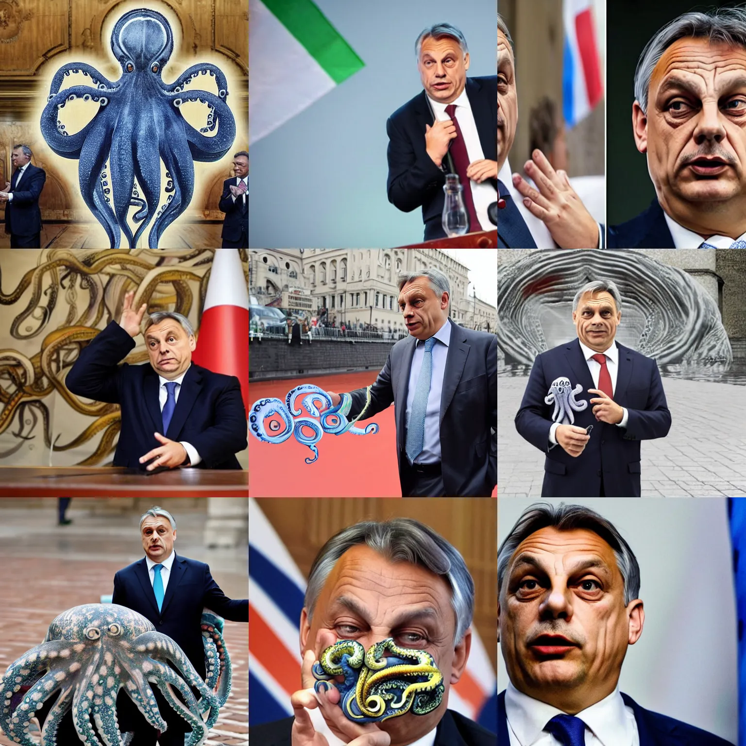 Prompt: hungarian prime minister Viktor Orban portrayed as an octopus with tentacles