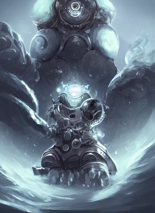 Image similar to a highly detailed illustration of silver gear mechanical giant, with big glowing cute eyes, gentle calm sitting pose, intricate, elegant, highly detailed, centered, digital painting, artstation, concept art, smooth, sharp focus, league of legends concept art, WLOP