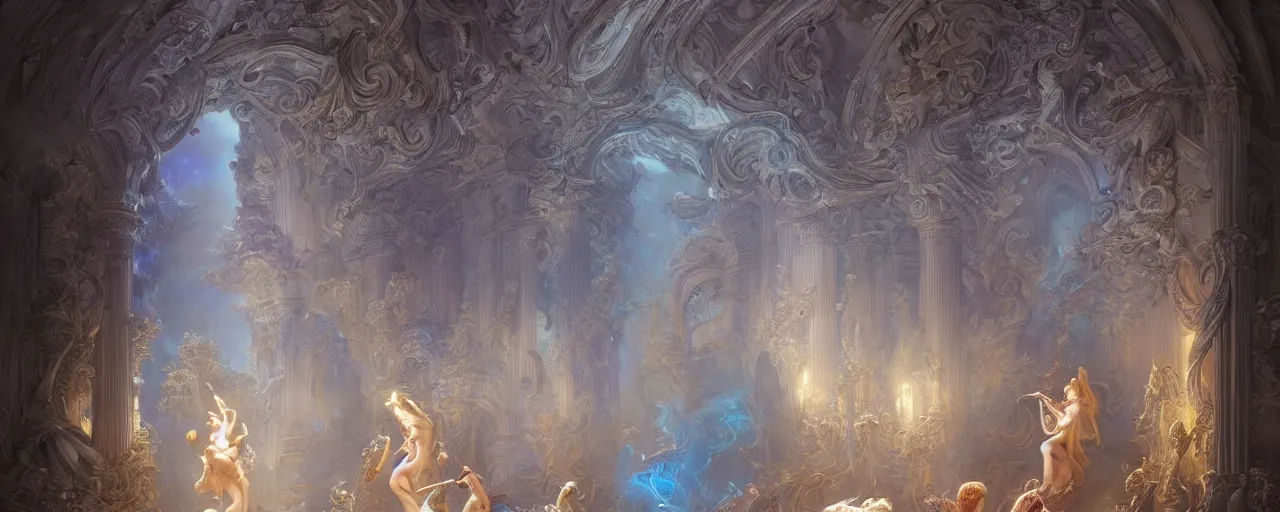 Image similar to a luminous fairytale of an iridescent dragon playing the harp in a baroque white marble cathedral. Neon light, masterpiece 4k digital illustration by Ruan Jia and Mandy Jurgens and Artgerm and william-adolphe bouguereau, award winning, Artstation, Gustave Dore' background, intricate details, realistic, panoramic view, volumetric lighting, Hyperdetailed, 8k resolution, intricate art nouveau, rendered in Unreal Engine 3