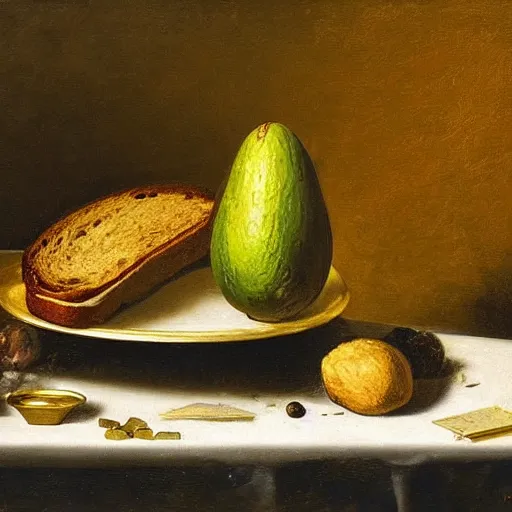 Prompt: still life with avocado toast, golden chalice, flies, velvet, 1 0 0 dollar bills, by willem claesz heda