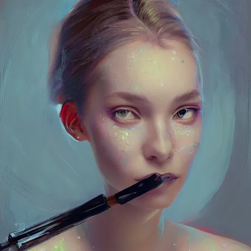 Image similar to a portrait of female young robotic ai artist painting onto a canvas, trending on art station, cosmic, beautiful, by wlop