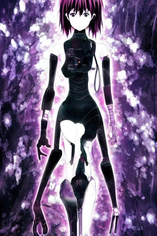 Image similar to beautiful coherent award-winning manga cover art of a mysterious lonely cyborg anime woman wearing a plugsuit, serial experiments lain, neon genesis evangelion, painted by tsutomu nihei