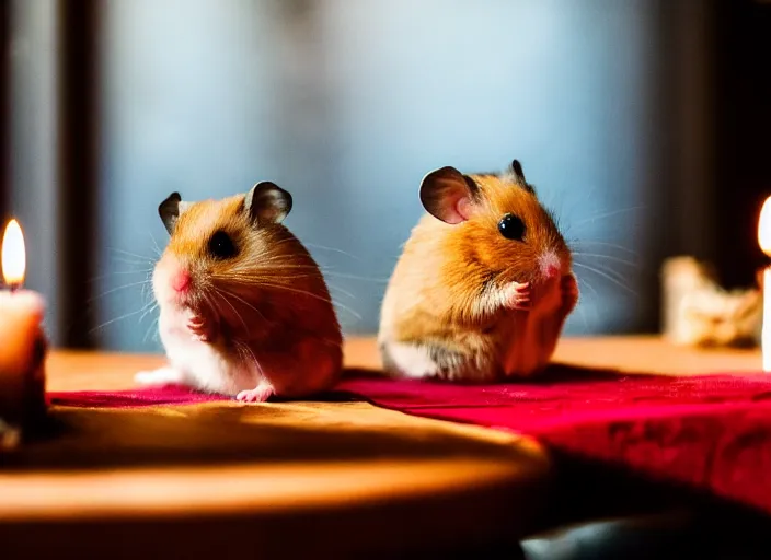 Prompt: photo of a hamsters on a date, drinking red wine, at night, faded colors, candlelit restaurant table, various poses, soft light, centered, sharp focus, 8 k