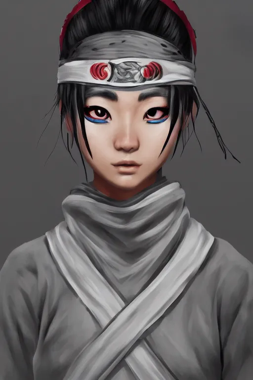 Image similar to native japanese young woman dressed like shinobi ninja, focused stare, partially masked, highly detailed, photorealistic render, digital painting, trending on artstation, character design, overcast weather