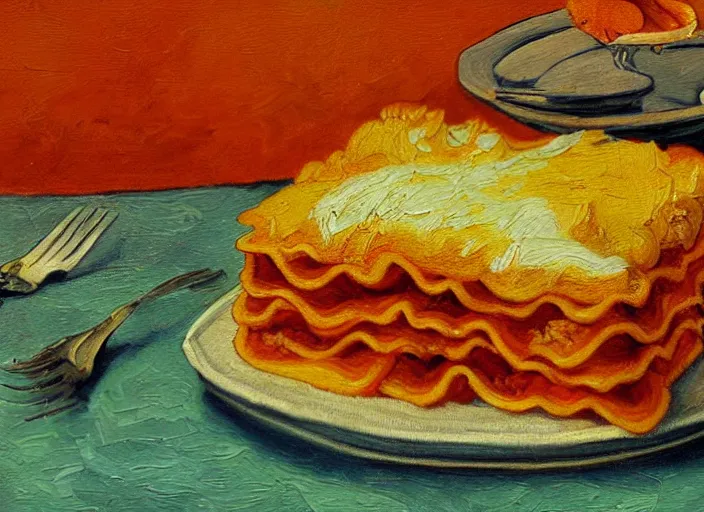 Image similar to detailed realistic realism painting of orange tabby cat eating lasagna at dusk, in the style of vincent van gogh and salvador dali and leonardo da vinci