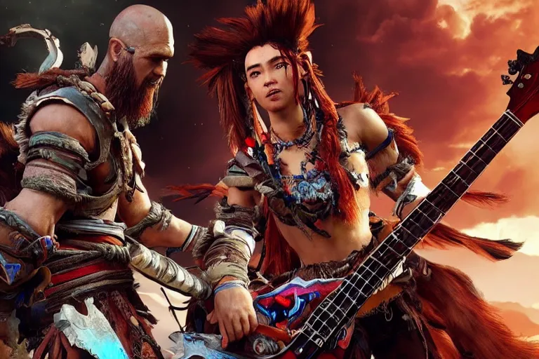 Prompt: aloy from the horizon zero dawn videogame playing a bc rich guitar with kratos from the god of war videogame