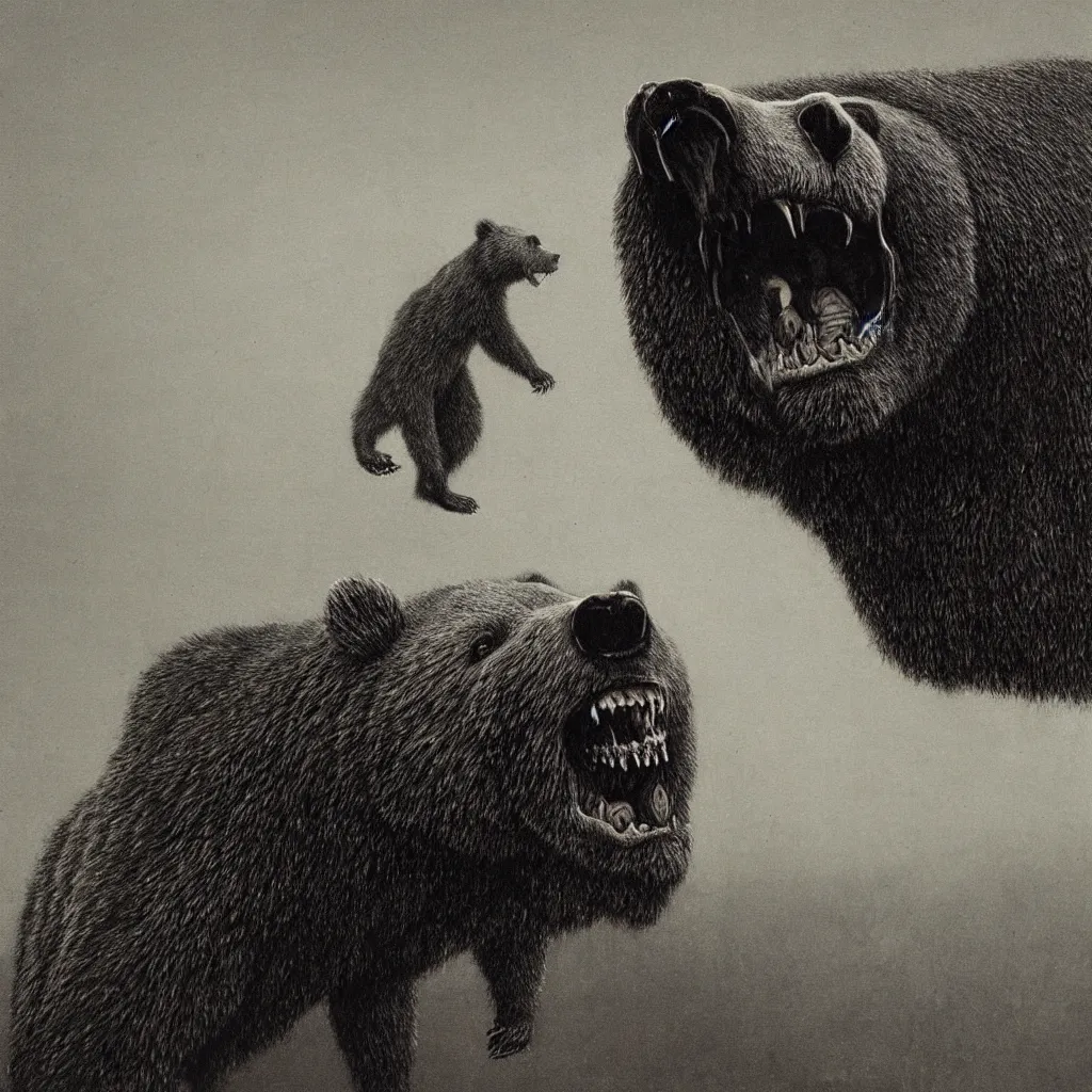 Image similar to horrifying bear, fangs, style of zdislaw beksinski