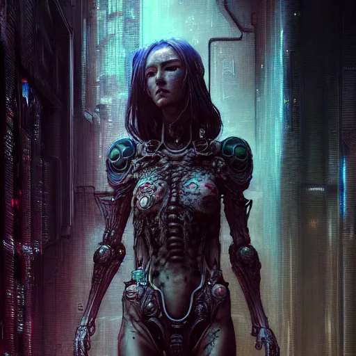 Image similar to a highly detailed long shot photo of cyberpunk female character by ayami kojima, beksinski, giger, intricate, digital painting, artstation, concept art, smooth, sharp focus