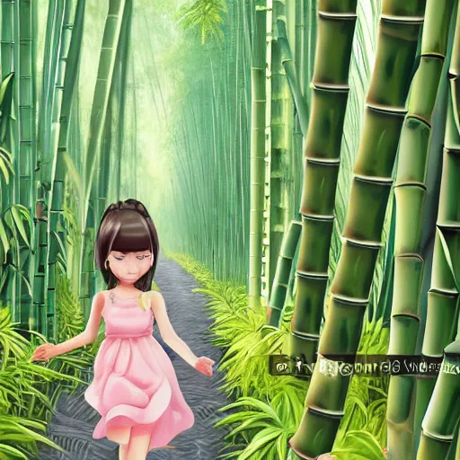 Prompt: A giantess with a beautiful face,green eyes,cute nose and pink lips, wearing a sundress and sandals, walking in a bamboo forest ,detailed body and eyes,proper anatomy, bamboo forest in the background, beautiful lighting,,digital art , highly detailed , high contrast, beautiful lighting, award winning , trending on art station, 8k, photo realistic,unreal engine 5