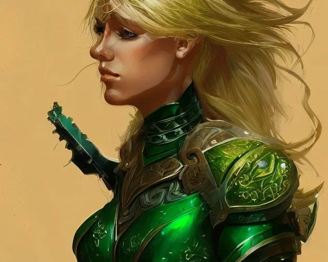 Image similar to A blonde emerald warrior, HD, illustration, epic, fantasy, intricate, elegant, amazing detail, digital painting, artstation, concept art, smooth, sharp focus, illustration, art by Frank Neidhardt