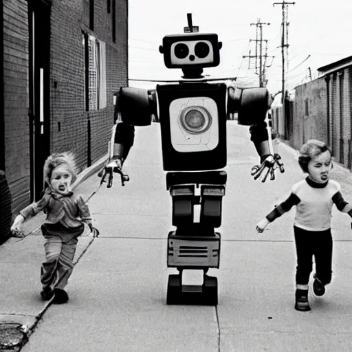 Image similar to in the style of 1960s, A scary robot is chasing after a couple of kids down the ally