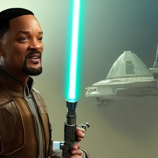 Image similar to will smith as a jedi, starwars, hyper detailed, digital art, trending in artstation, cinematic lighting, studio quality, smooth render, unreal engine 5 rendered, octane rendered