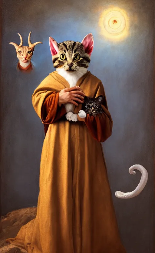 Image similar to a bipedal cat that has goat horns, anthropomorphic cat that is wearing robes, oil painting, by leonardo da vinci, dnd, character reveal, cosmic, magical, fog, noble, full body portrait, extremely detailed, cult, ritual, 4 k, 8 k