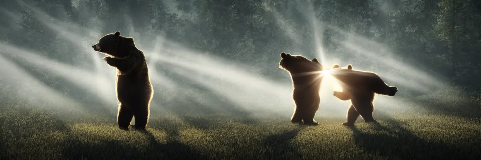 Image similar to an old woman fighting a bear, octane render, crepuscular rays