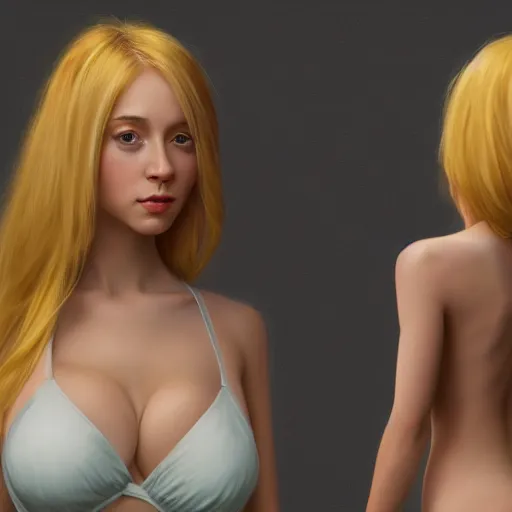 Prompt: a character concept of a posed petite blonde woman, great body, oil painting, pale colors, high detail, 8 k, wide angle, trending on artstation,