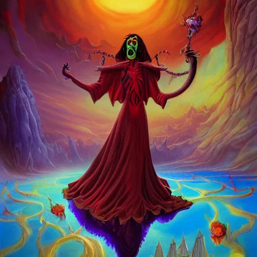 Prompt: Horrifying vampire in a beautiful dmt multiverse, Don Bluth matte painting, post-processing, fantasy , masterpiece , painting , vibrant colors