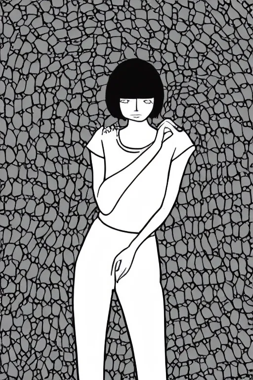 Image similar to portrait of a girl in long pants and a top, hands in pockets, eyes closed, bob haircut, digital art, black and white, lineart by junji ito