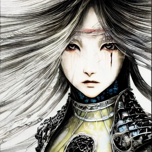 Image similar to yoshitaka amano blurred and dreamy realistic illustration of an anime girl with wavy white hair fluttering in the wind and cracks on her face wearing elden ring armour with the cape, abstract black and white patterns on the background, noisy film grain effect, highly detailed, renaissance oil painting, weird portrait angle