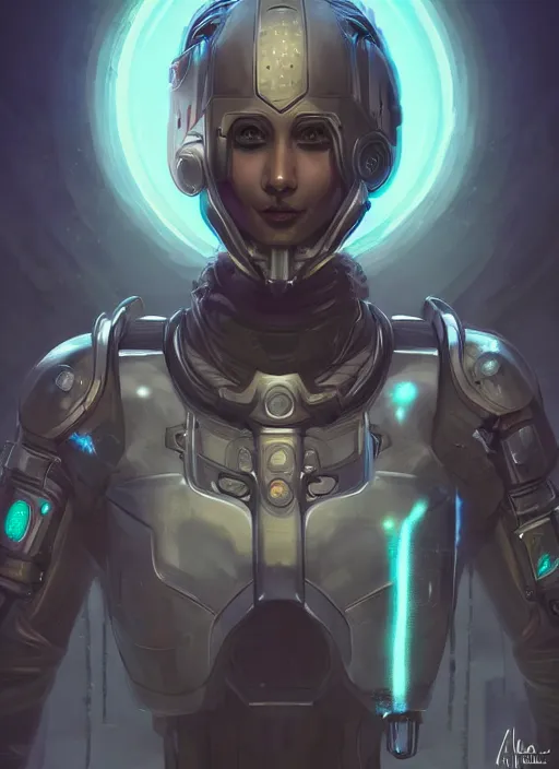 Image similar to of a full body, center frame hyper realistic digital art portrait of a cyberpunk war cleric in a futuristic pearl armor, tech helmet, dark gloomy environment. trending on artstation, art by lois van baarle by sung choi by john kirby artgerm style pascal blanche