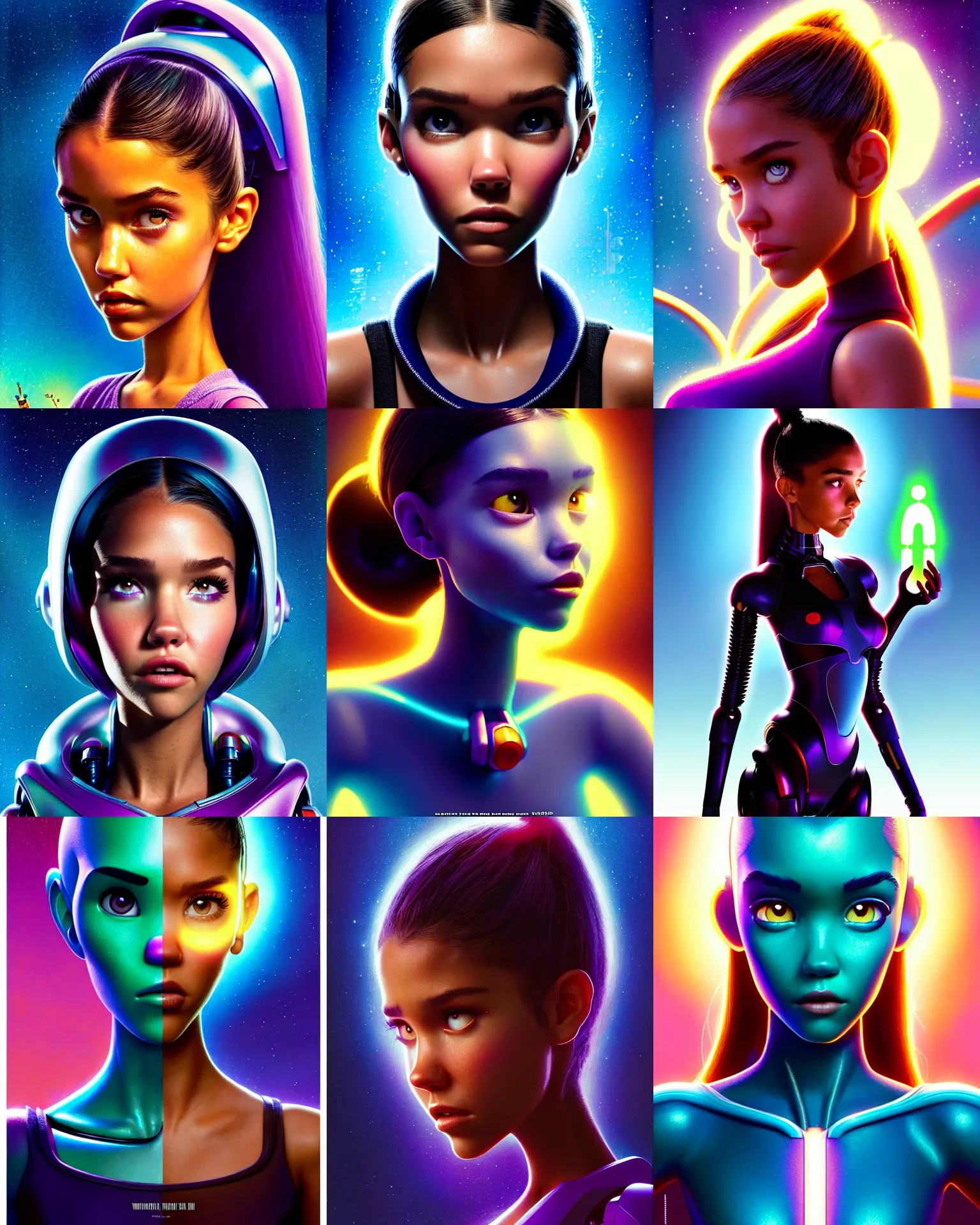 Prompt: disney pixar scifi movie poster portrait photo of madison beer, jessica alba, : : as alien cyborg raver woman by pixar : : by weta, wlop, ilya kuvshinov, artgerm, greg rutkowski, intricate jewelry, artstation, unreal engine, racy, pearlescent, wet, morning, : :