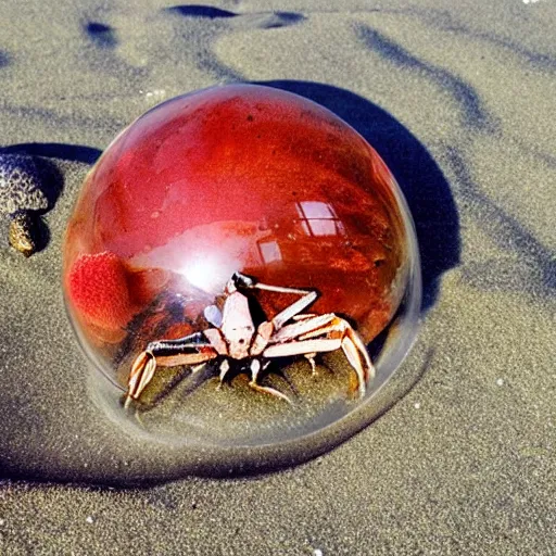 Prompt: a transparent sphere on a beach with a crab looking at it