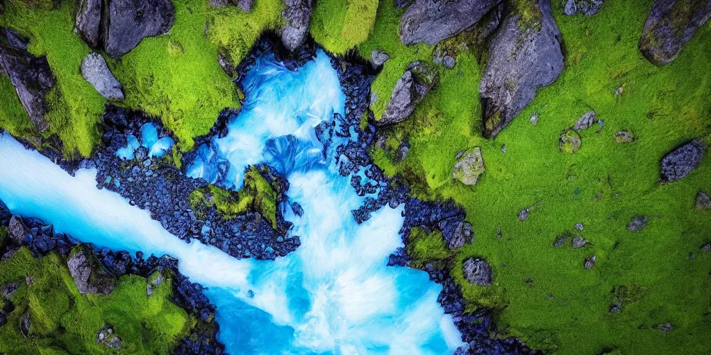 Image similar to drone shot photo of a landscape with mountains, waterfalls, wallpaper, lofoten, very very wide shot, blue glacier, iceland, new zeeland, green flush moss, national geographic, award landscape photography, professional landscape photography, sunny, day time, beautiful