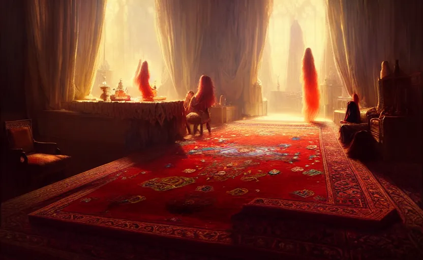 Image similar to magic fluffy Persian carpet dimension, by Greg Rutkowski and Gaston Bussiere, dim lighting, beautiful volumetric-lighting-style atmosphere, surreal atmosphere, intricate, detailed, photorealistic imagery, artstation