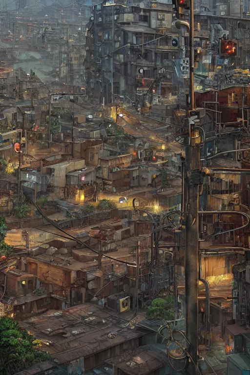 Image similar to a industrial STEAMPUNK CITY Street scenery in the FAVELAS, signs, billboards and cable Connecting MULTI LVL BUILDINGS, rendered by simon stålenhag, rendered by Beeple, Makoto Shinkai, syd meade, environment concept, digital art, starwars, Gundam Style, unreal engine, 3 point perspective, WLOP, trending on artstation, low level, 4K UHD image, octane render,