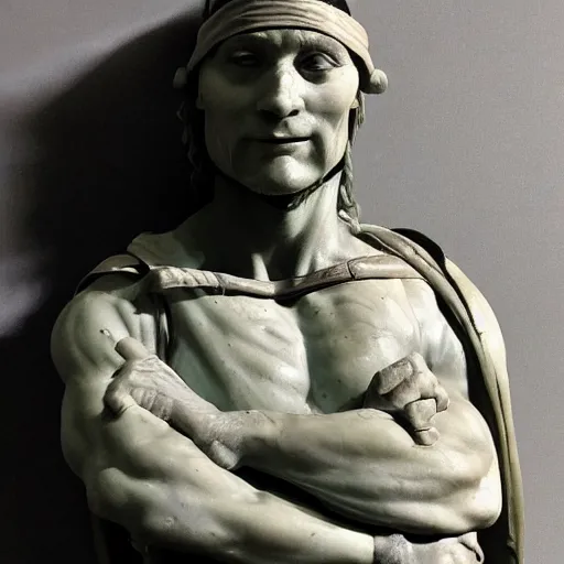 Image similar to donatello of the teenage mutant ninja turtles as a sculpture from the renaissance artist michelangelo, made of white marble, high details, cinematic, dramatic lighting, photorealistic