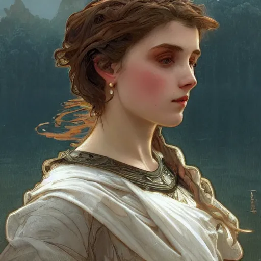 Image similar to A bust portrait of A female knight sitting by the lake by greg rutkowski and alphonse mucha,In style of Dark Fantasy digital art illustration.WLOP.hyper detailed,smooth, sharp focus,trending on artstation,4k