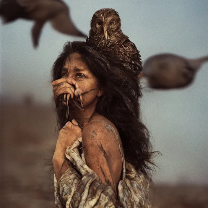 Prompt: closeup portrait of a woman with birds growing out of her face, standing in a desolate apocalyptic city, by Annie Leibovitz and Steve McCurry, natural light, detailed face, CANON Eos C300, ƒ1.8, 35mm, 8K, medium-format print