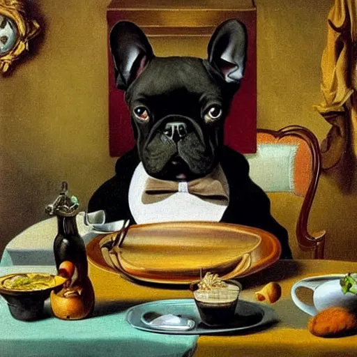 Prompt: a portrait picture of a black french bulldog wearing a dinner jacket wearing a hat and reading glasses, sitting at a table at a crowded french cafe classic oil painting by salvador dali surrealism