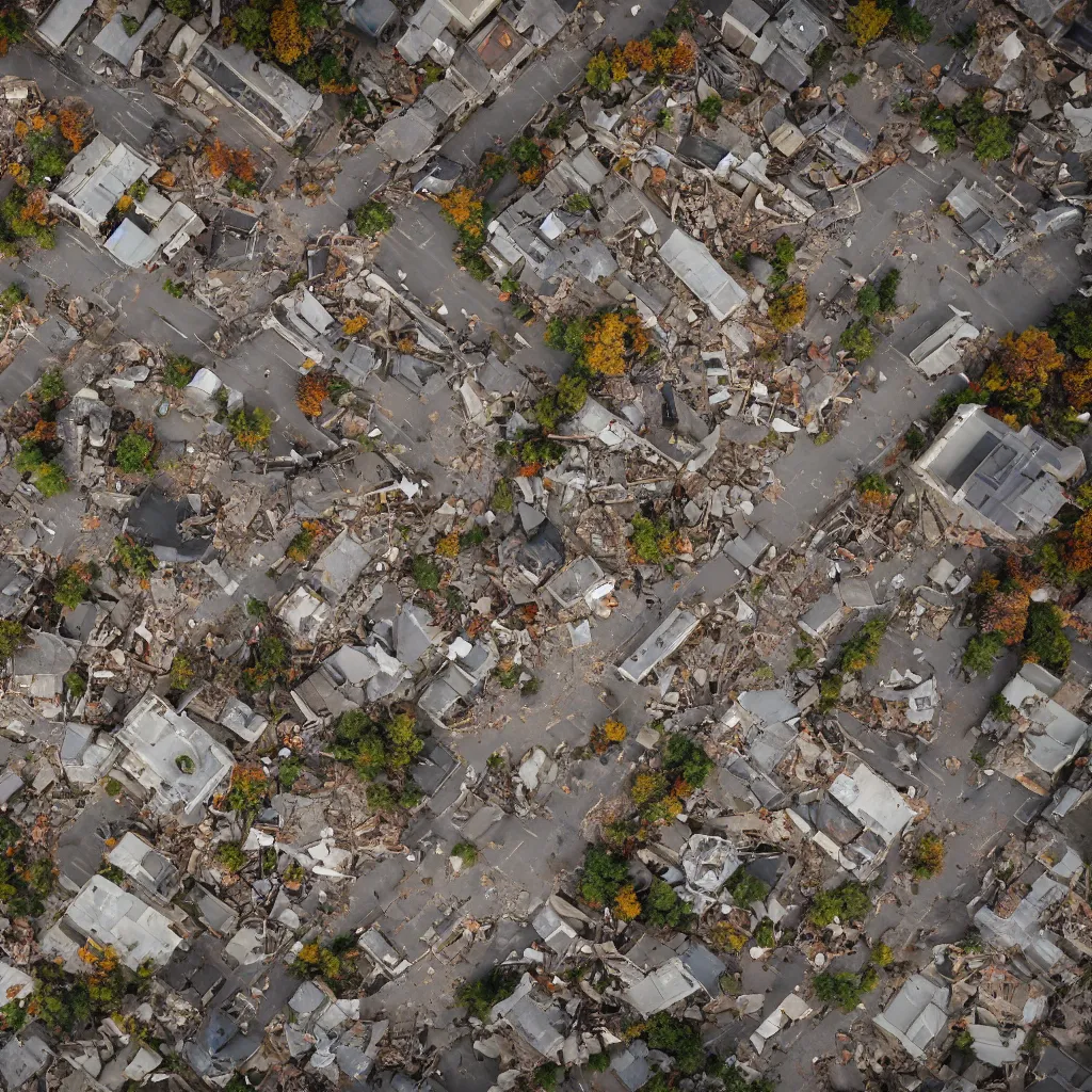 Image similar to top down aerial view of dilapidated city center in real life, desolate with zombies, dilapidated, zombies in the streets, nightmarish, some rusted style parked vehicles, sunny weather, few clouds, volumetric lighting, photorealistic, daytime, autumn, sharp focus, ultra detailed, cgsociety