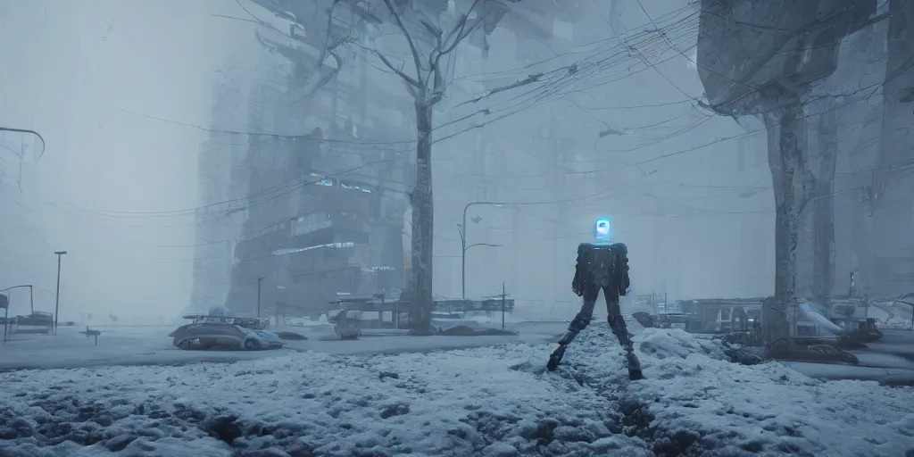 Prompt: a cyberpunk weather prediction robot, walking through te snow, fog, eroded metal, anthropomorphism, rendered in octane, unreal engine 5, trending on artstation, 8 k