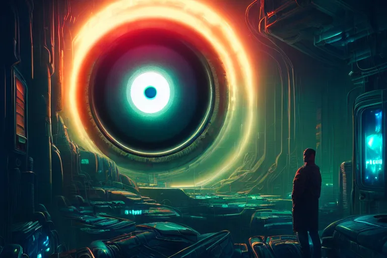 Prompt: portrait of a mystical giant eye, mechanic, dystopian, ( ( cyberpunk ) ), intricate, ( ( ( abstract ) ) ), cinematic, glow, neons, octane render, wlop, greg rutkowski, dan mumford, artgerm