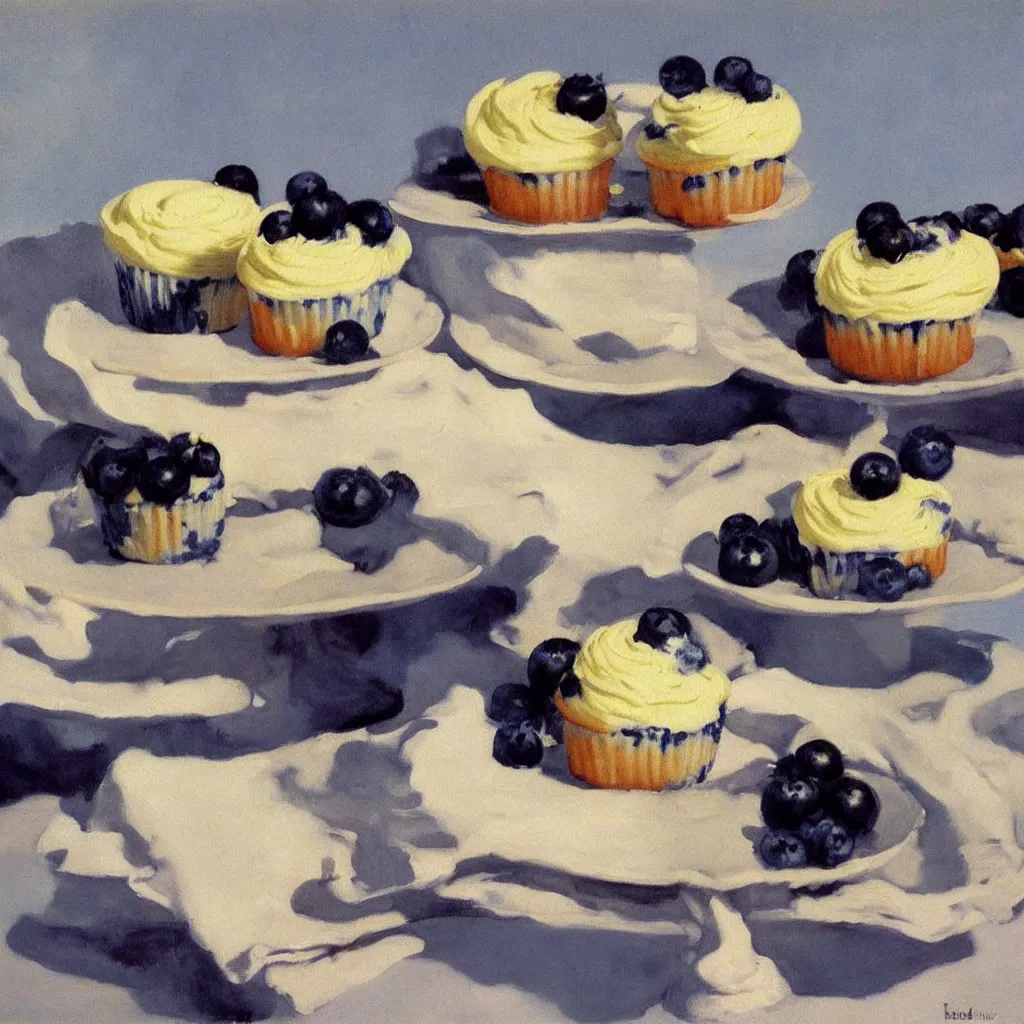 Prompt: painting of blueberry cupcakes with creme topping by Edward Hopper