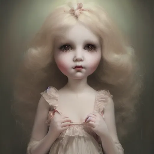 Image similar to cute porcelain doll natalie domer, mark ryden style, vivid colors, high details, cinematic, 8 k resolution, beautiful detailed, photorealistic, digital painting, dark atmosphere, artstation, concept art, smooth, sharp focus, illustration, fantasy background, artstation trending, octane render, unreal engine