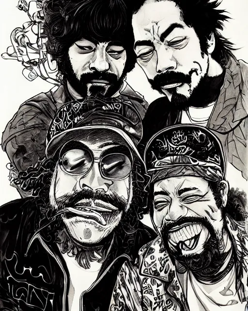 Prompt: portrait of cheech and chong smoking weed, concept art, sumi - e style, intricate linework, artstation, trending, highly detailed, smooth, focus, art by yoji shinkawa,