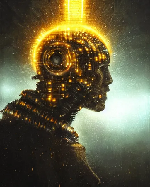 Prompt: man half covered face with cybernetic enhancements made of corn as seen from a distance, scifi character portrait by greg rutkowski, esuthio, craig mullins, 1 / 4 headshot, cinematic lighting, dystopian scifi gear, gloomy, profile picture, mechanical, half robot, implants, solarpunk